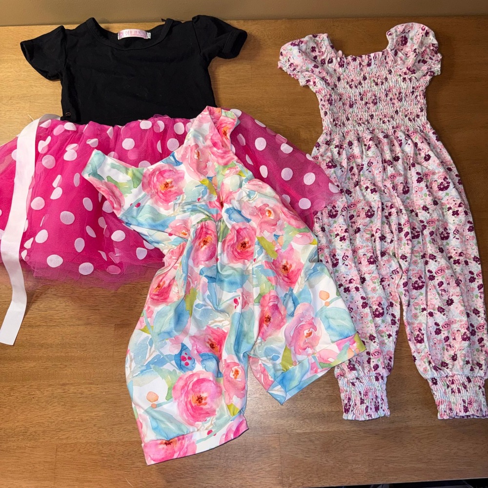 Toddler Girls Lot 3 Sweet Honey Floral Jumpsuit Romper Polka Dot Tutu Dress 3T